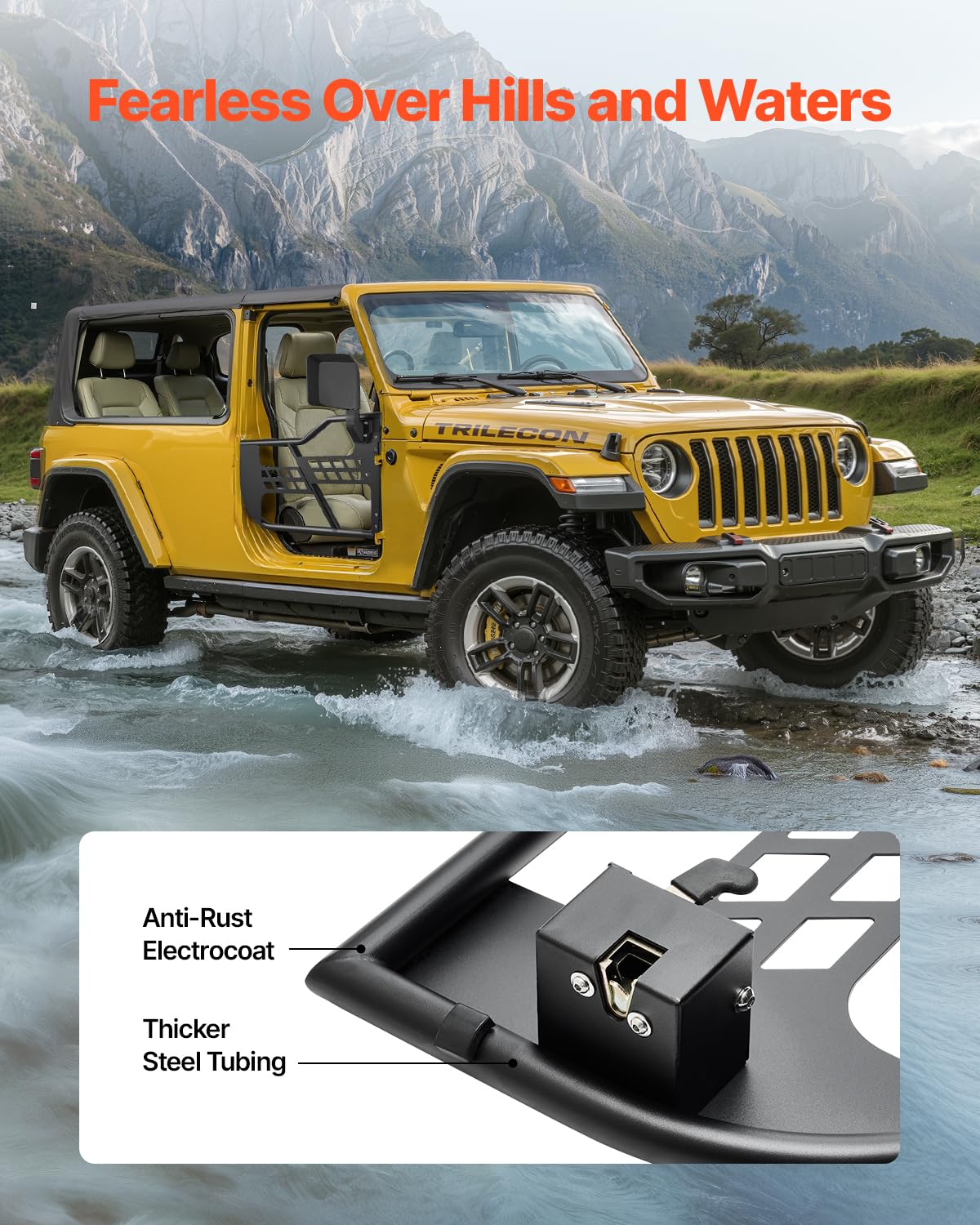 VEVOR Tube porte pour Jeep, 2 portes, porte tubulaire pour Jeep de style chasse avec charnières robustes, loquet OE et rétroviseurs, pour Jeep Wrangler JL 2018-2024 et Jeep Gladiator JT 2020-2024