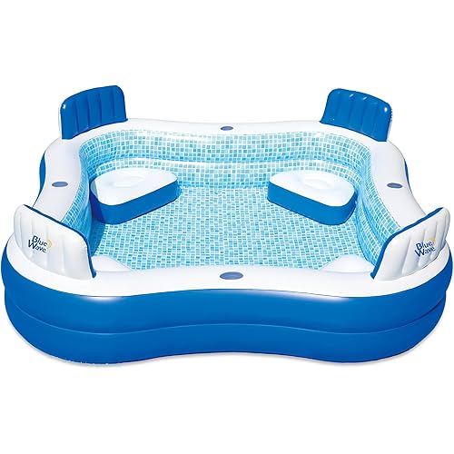 Blue Wave Premier Family Inflatable Pool with Seats – 88-in x 88-in x 26-in Four-Seater Pool for Backyard Fun – Durable 4-Person Inflatable Pool with Cover, Drain Plug & Repair Patch