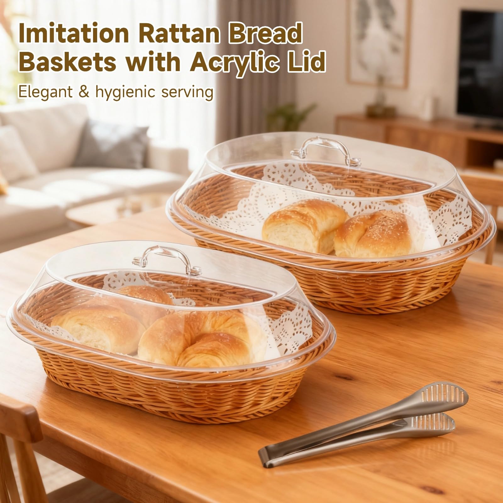 Cestas ovaladas de ratán para pan, 2 piezas con tapa y herramientas para servir, cestas tejidas de 15.7 pulgadas para exhibición de alimentos, forros incluidos, uso doméstico y panadería