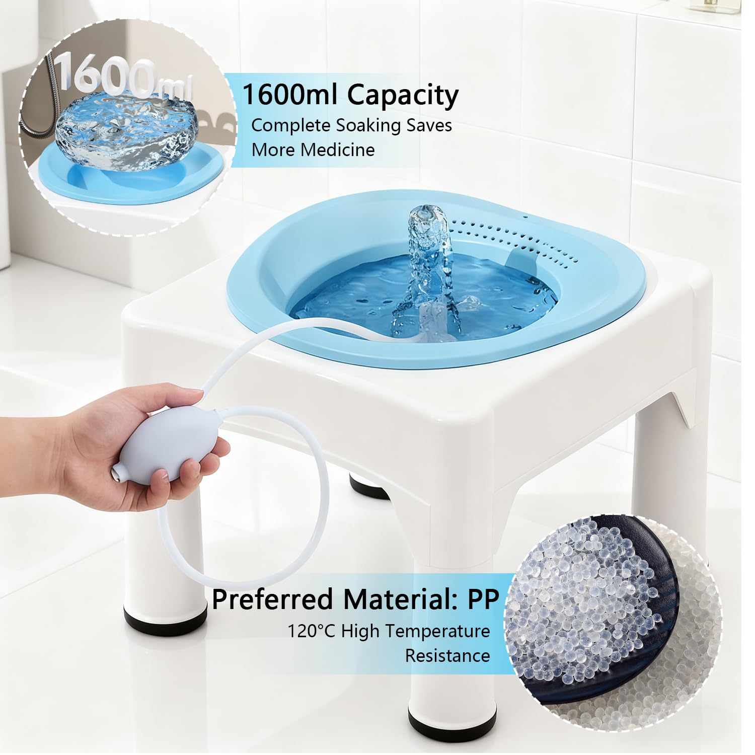 Bañera de asiento, baño de asiento portátil con taburete integrado, taburete de baño sin sentadillas, baño de asiento extraíble con función de enjuague, adecuado para el tratamiento de hemorroides