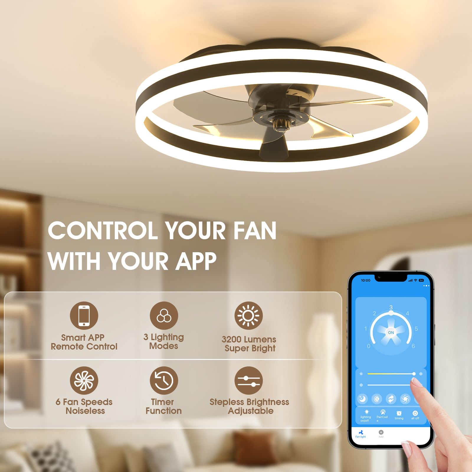NIORSUN Deckenventilator mit Beleuchtung,50CM LED Lampe mit Ventilator,3 Farbtemperatur und 6 Geschwindigkeiten Deckenventilator mit Licht,APP/Fernbedienung Dimmbar Ventilator Deckenlampe Schwarz