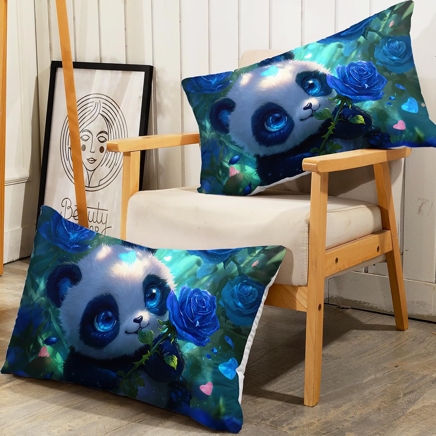 AILONEN Kids Kawaii Panda Fitted Sheet Set Twin Size, Blue Rose Flower Bedding Set,Girls Cute Cartoon Animal Soft Bed Sheets Deep Pocket with 2 Pillowcases,3-Pieces