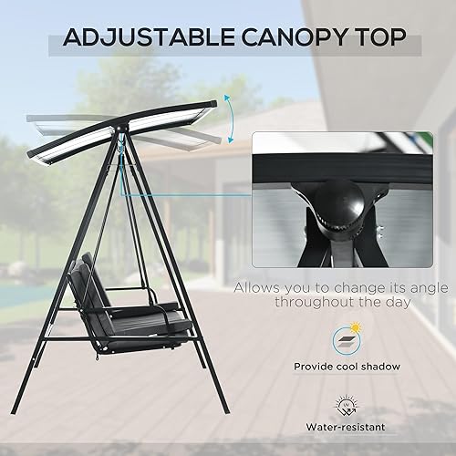 Miniatura 4 de Outsunny Silla de columpio de 3 plazas para patio, columpio al aire libre convertible con cojines, toldo de policarbonato ajustable para porche,