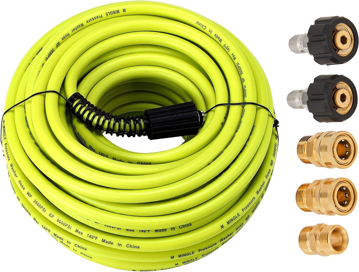 M MINGLE Pressure Washer Hose 100 FT x 1/4'' - Replacement Power Wash Hose with Quick Connect Kits - High Pressure Hose with M22 14mm Fittings - 3600PSI, Green