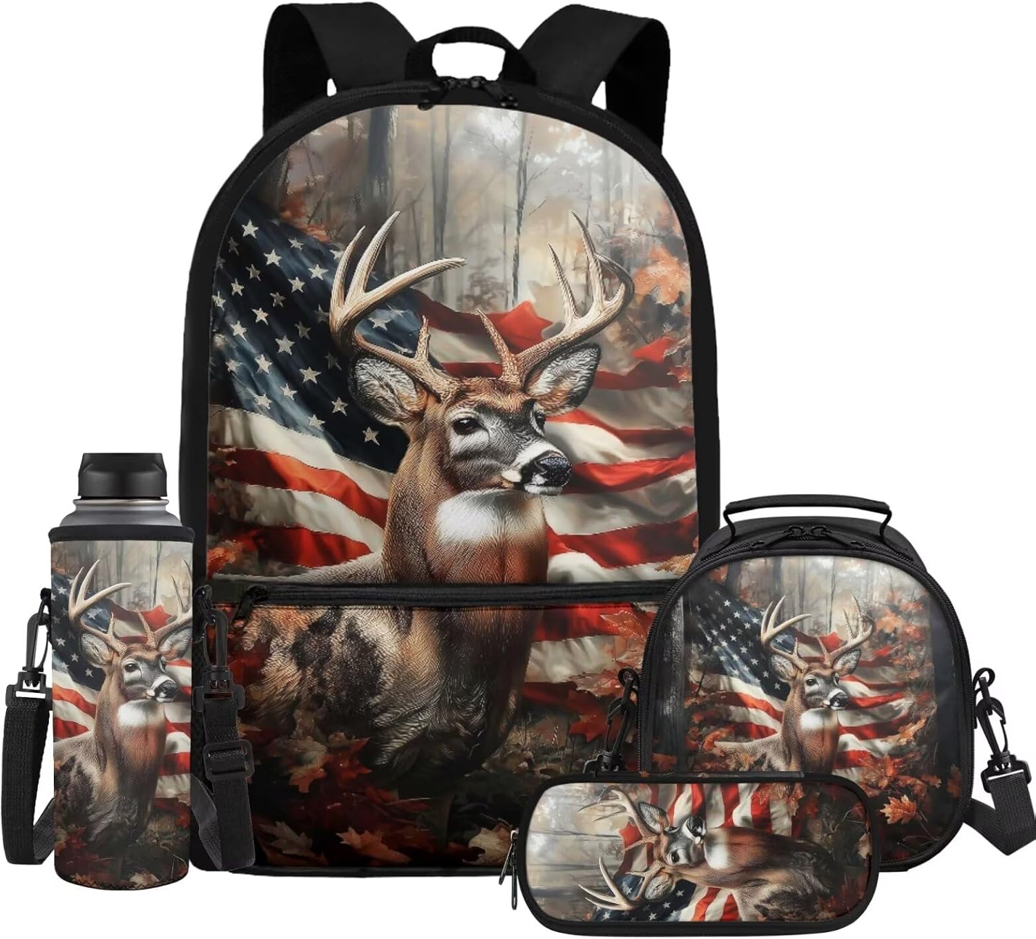 INSTANTARTS American Flag Deer 4 Pack Kids Backpack Set 17 Inch Bookbag with Adjustable Straps Lunch Tote Pencil Case Water Bottle Carrier for Ages 8-12 Elementary Middle School Boys Girls