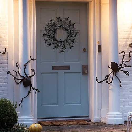 Miniatura 4 de Sggvecsy Corona de ramita negra artificial de 17.7 pulgadas con murciélagos con purpurina, decoraciones colgantes brillantes hechas a mano para