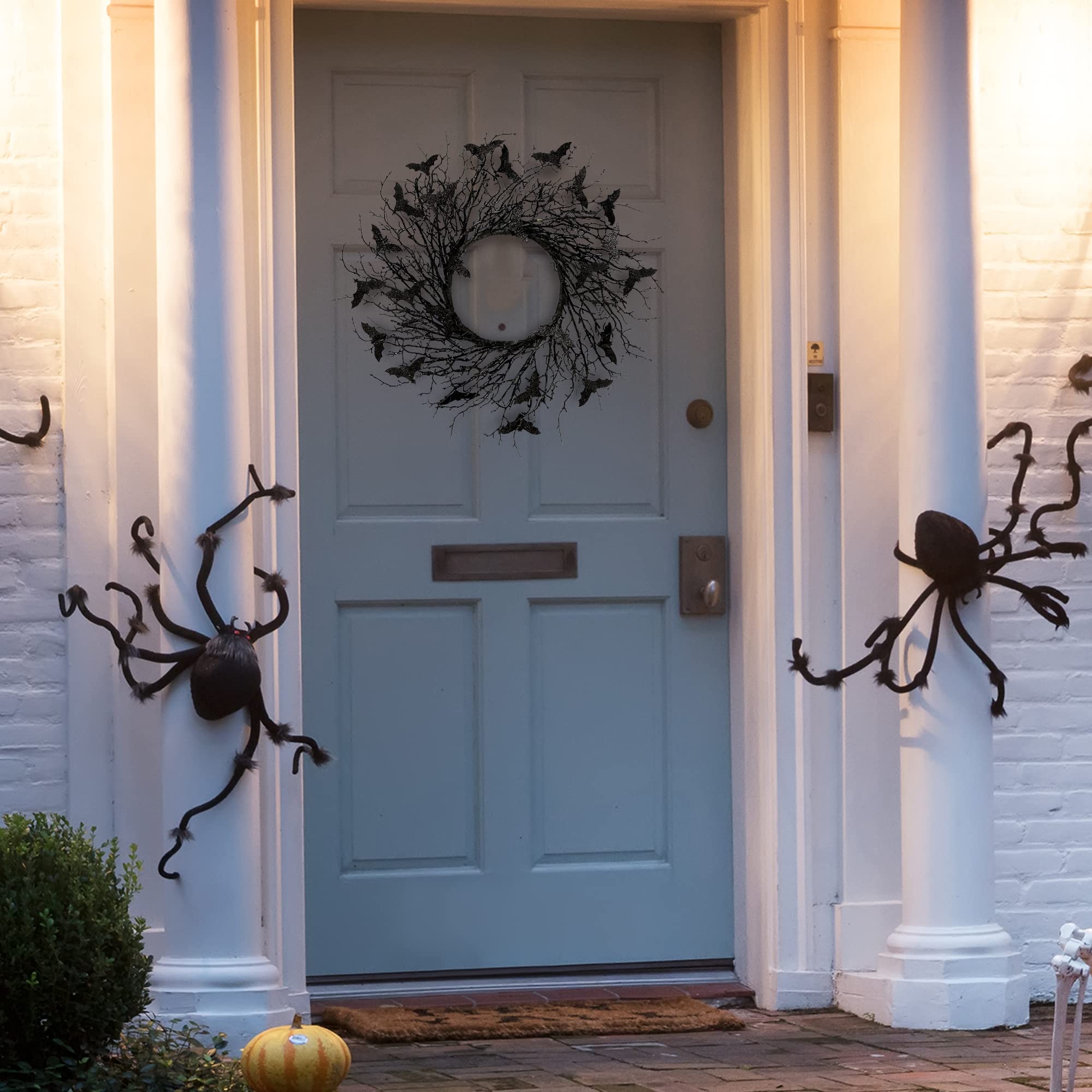 Couronne Halloween Artificielle Avec Chauves-souris - Décoration Porte Ou Mur - Matériau PP Léger - 39 Cm