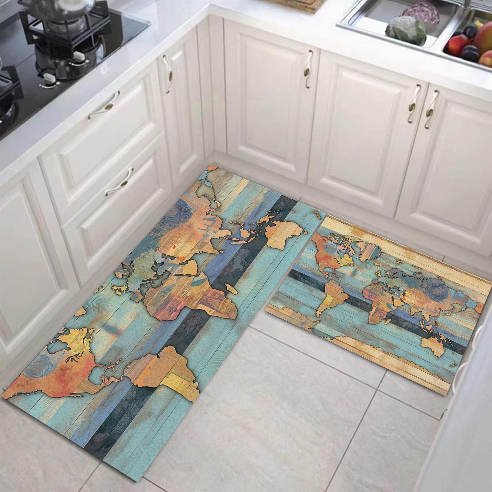 Tapis de cuisine antidérapant en lot de 2 pièces carte du monde bleu sarcelle lavable