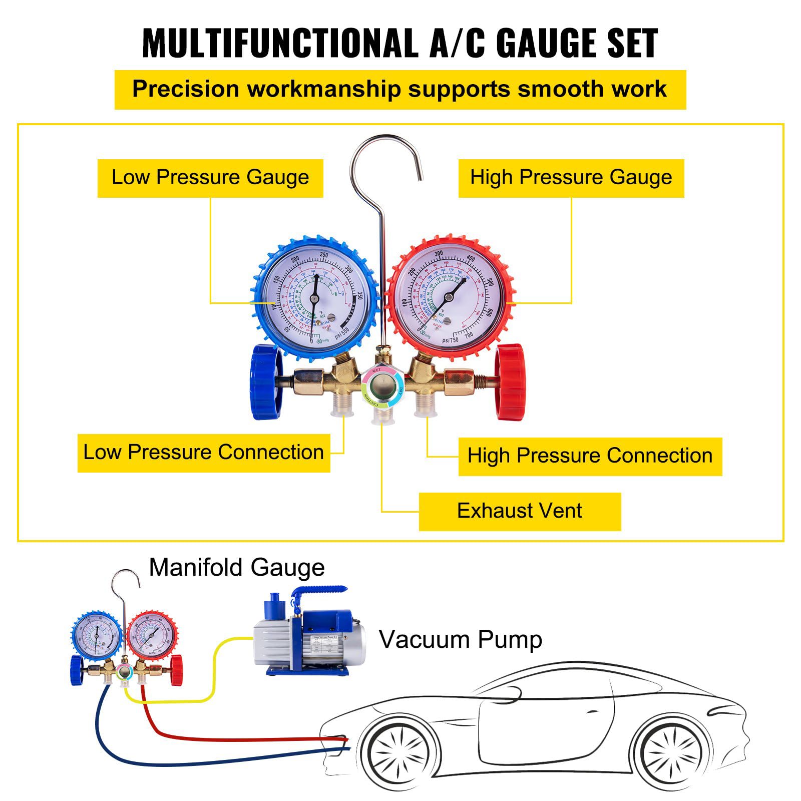 Bomba de Vacío para Climatización, Kit de Bomba de Vacío para R12, R22, R502, R410A, R134A, Bomba de Vacío Ideal para HVAC, Climatización Auto, Desgasificación (4,8 m³/h - 1/3 CV)