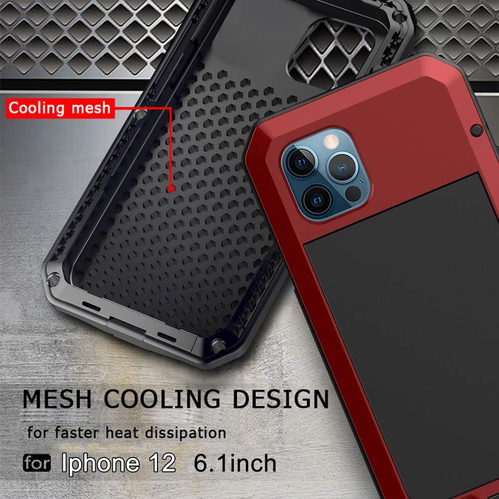 Marrkey for iPhone 12 Case, 360 Full Body Protective Heavy Duty Shockproof Tough Armour Aluminum Alloy Metal Case with Silicone Built-in Screen Protector for Apple iPhone 12 Pro 6.1 Inch - Red