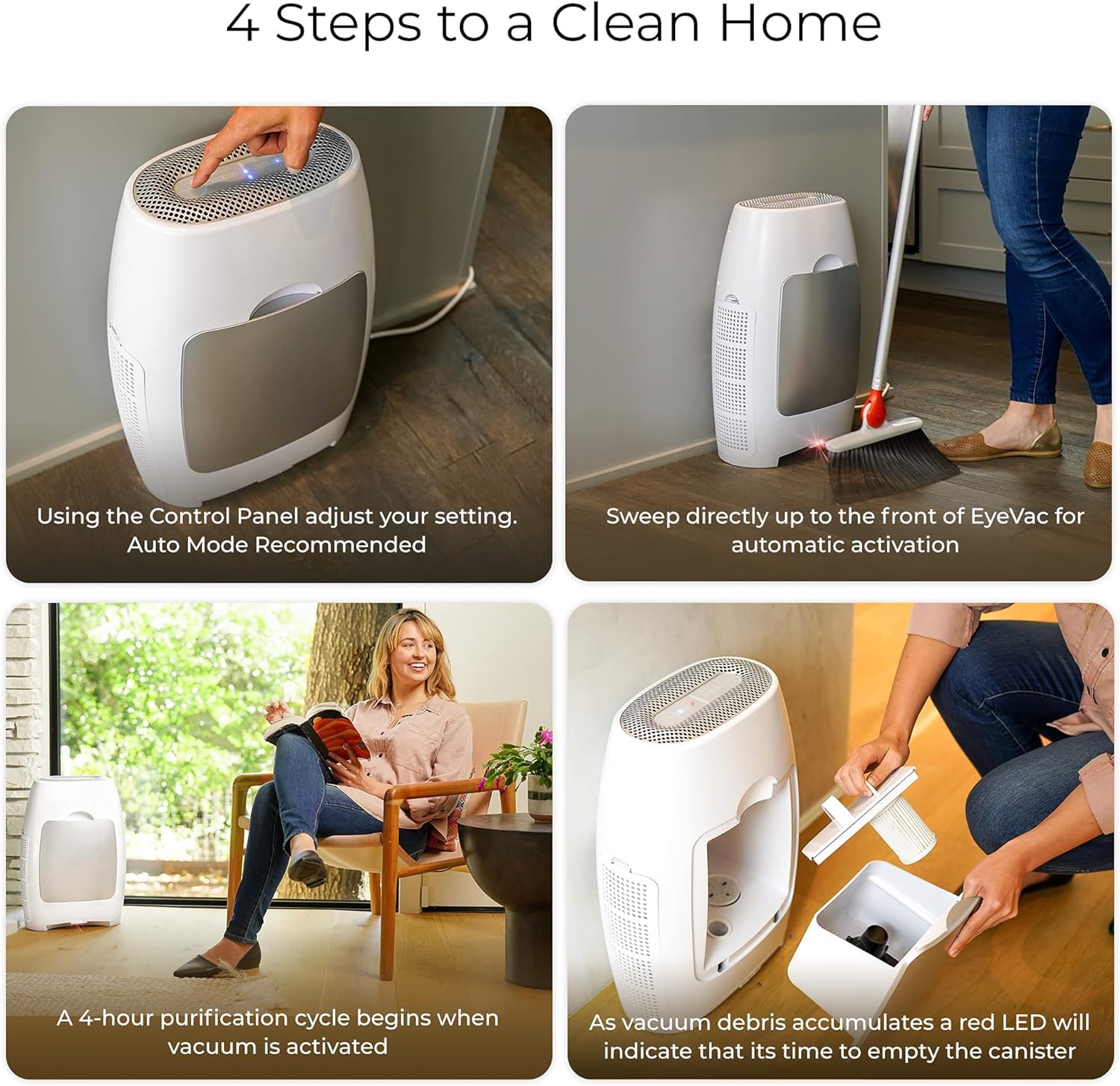 EyeVac Air 2-in-1 HEPA Air Purifier & Touchless Vacuum Automatic Dustpan - Ultra Fast & Powerful - Covers 600 Sq ft - Corded Canister Vacuum, Bagless, Automatic Sensors, 1000 Watt (White/White)