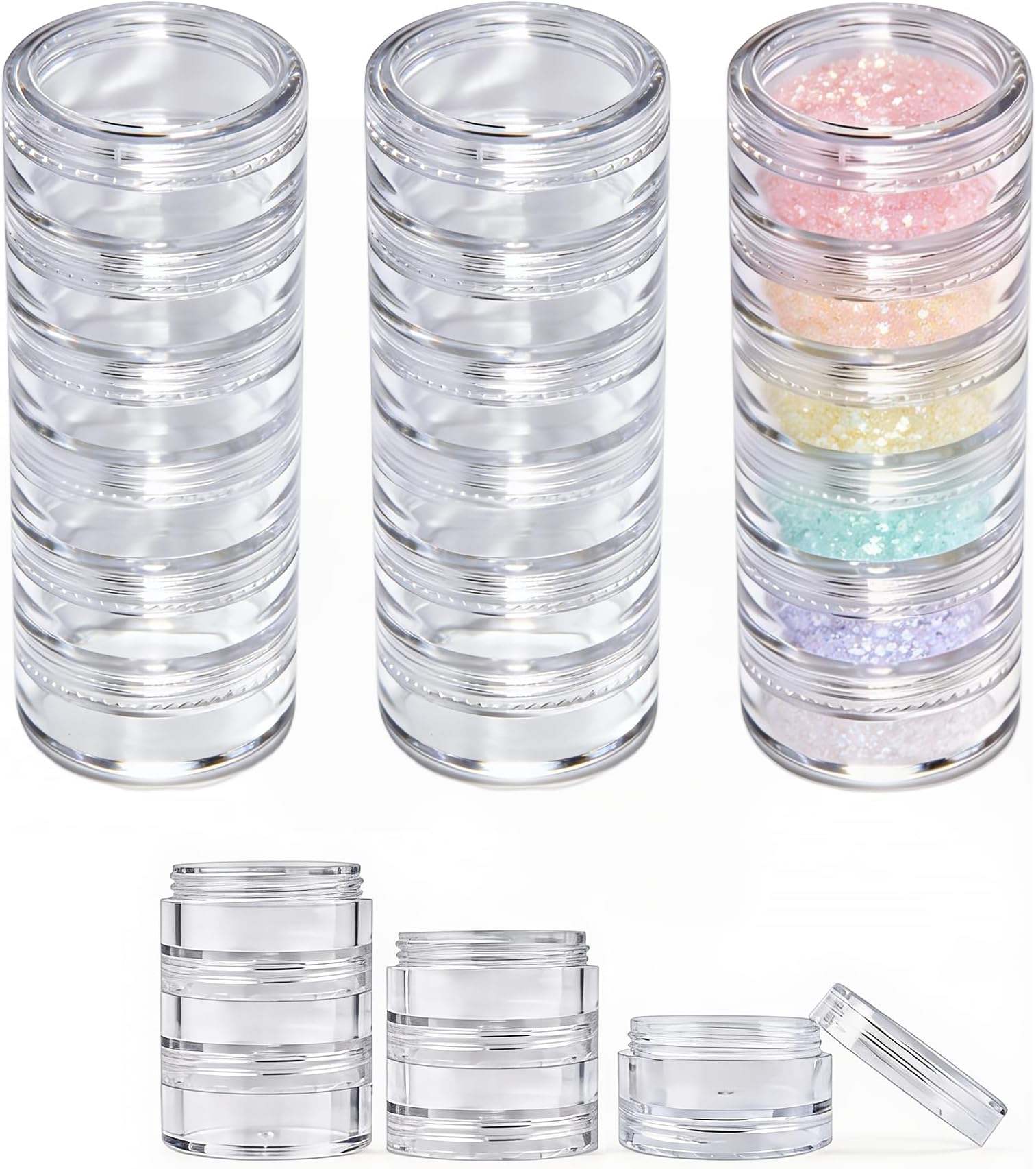 Beauticom® 5G/5ML Empty Round Transparent Stackable Plastic Embellishment Bead Glitter Charm Craft Jars with Clear Lid (3 Columns (18 Pieces))