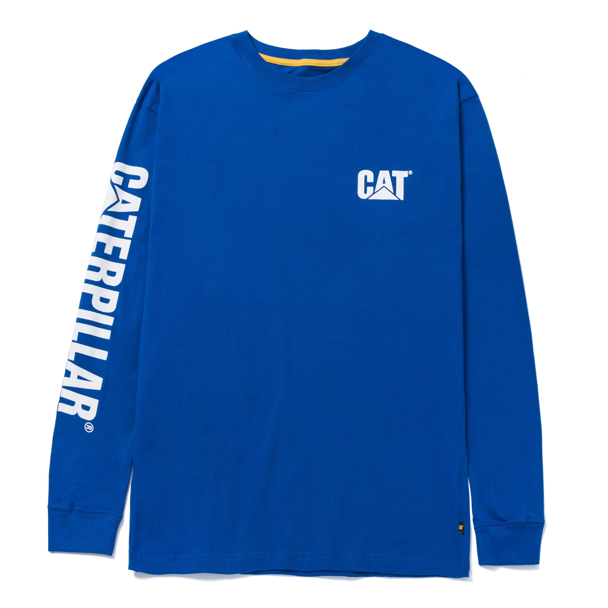 CAT Caterpillar Trademark Banner Long Sleeve Tee Shirts for Men with Center Back Neck Wire Management Loop Workwear Logo, Memphis Blue, Medium
