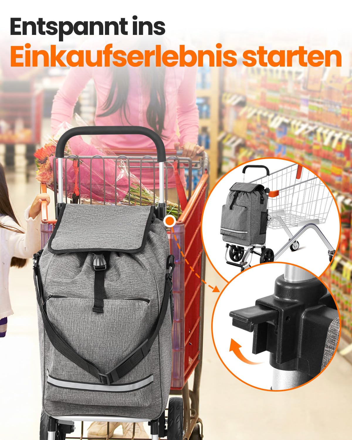 Homecall Einkaufstrolley klappbar Einkaufswagen mit 50L + 5L kühlfunktion Bis 50KG, Einkaufstasche mit Rollen 3 in 1 Shopping Trolley & Sackkarre & Umhängetasche (Dunkelgrau, Standard)