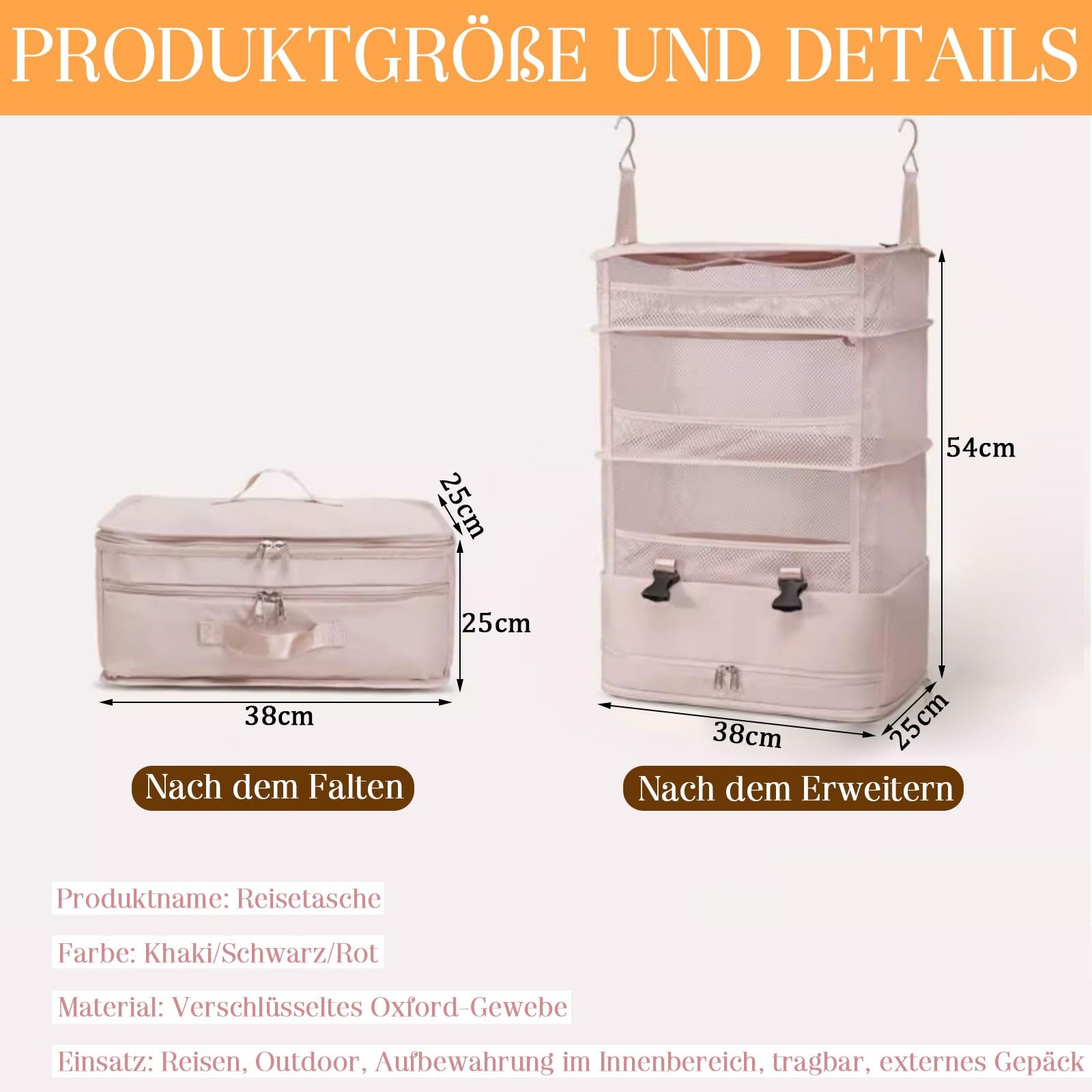 Organisateur Armoire Suspendu Pliable, Étagères De Rangement Penderie en Tissu Oxford avec Poignées, Cadre Acier, Respirant Gain De Place pour Maison, Caravane, Camping(Rot)
