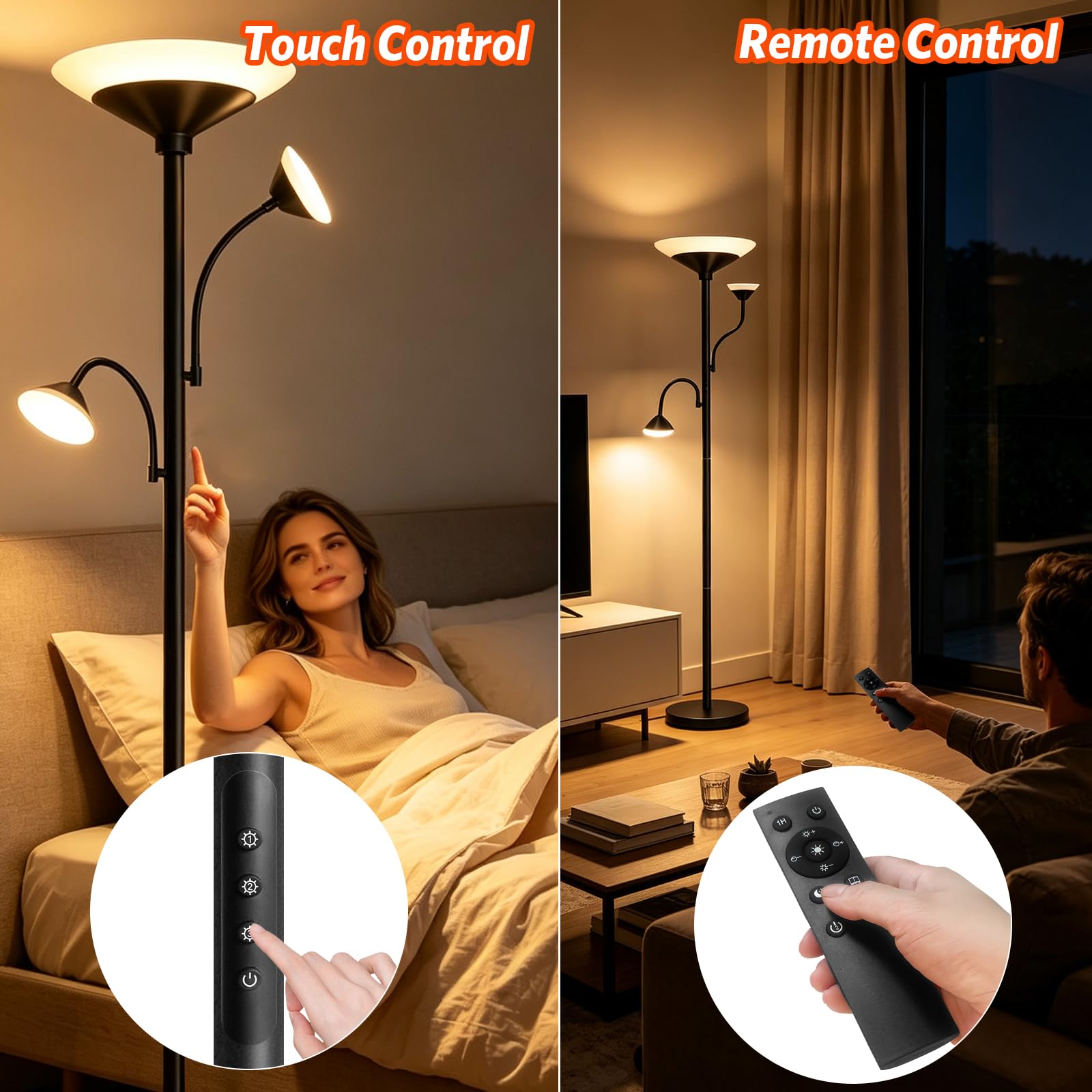 3-Licht Stehlampe LED Wohnzimmer, 39WDimmbar Deckenfluter mit Fernbedienung