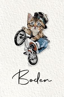 Boden Cahier personnalis  avec pr nom Boden | Cadeau danniversaire pour enfant, gar on, homme, copain ... | Chat   bicyclette | 110 pages lign e, Petit Format 6x9 pouces 15,24 x 22,86 cm