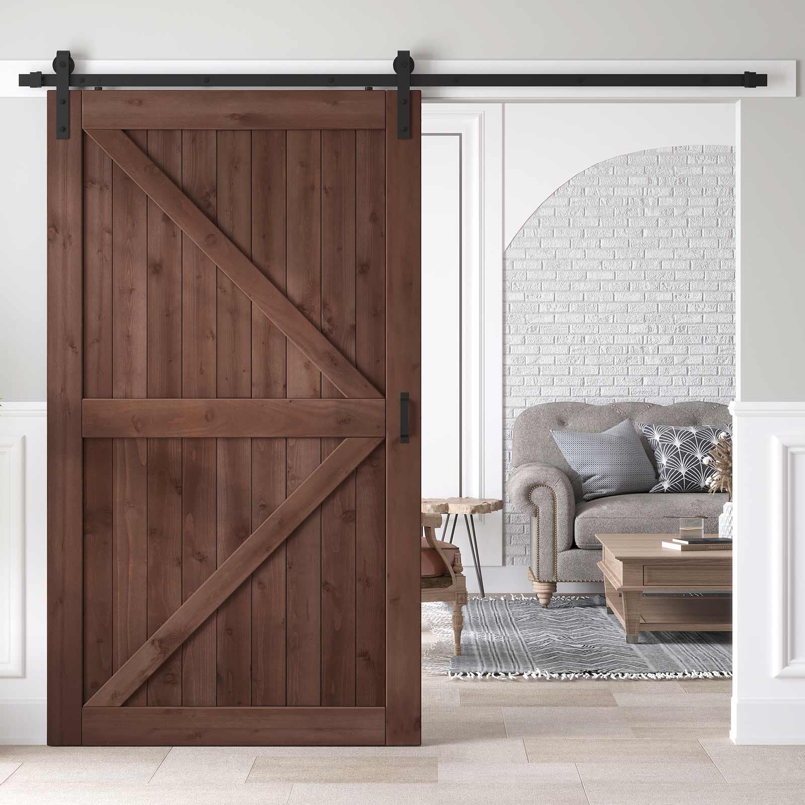 48x84 inch Sliding Barn Wood Door Slab with 8ft Hardware Kit and Handle, Coffee, K Shape, Simple DIY Assembly