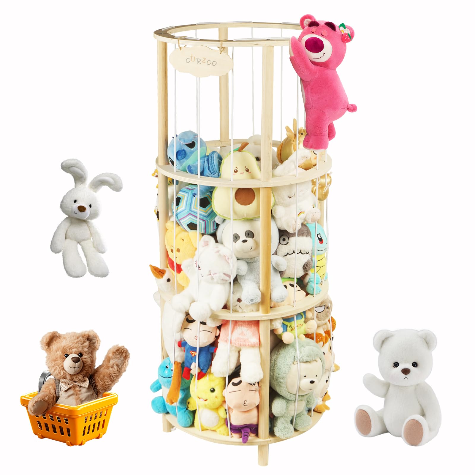 Stuffed Animal Zoo Storage Extra Large Wooden Stuffed Animal Holder Soft Toy Organizer Nursery Zoo Cage Plush Stuffed Toy Cage Kids Playroom Bedroom Decor Display Corner Round