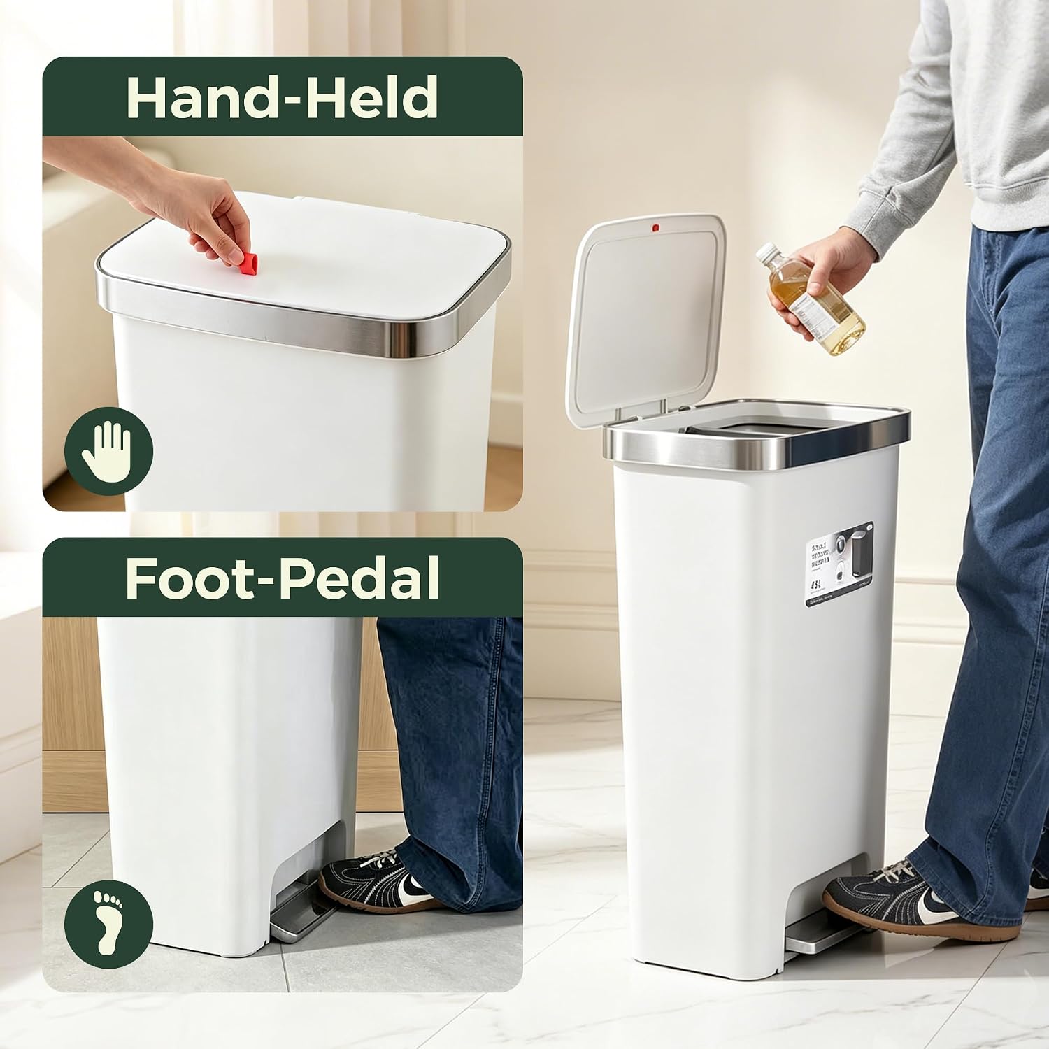 Kitchen Trash Can with lid ,Large 12 Gallon Slim Tall trash Can,Narrow Trash Bin Step-on with Lid, Plastic Garbage Can with Stainless Steel Rim for Bathroom,Living room,Bedroom,Yard,Garden,white