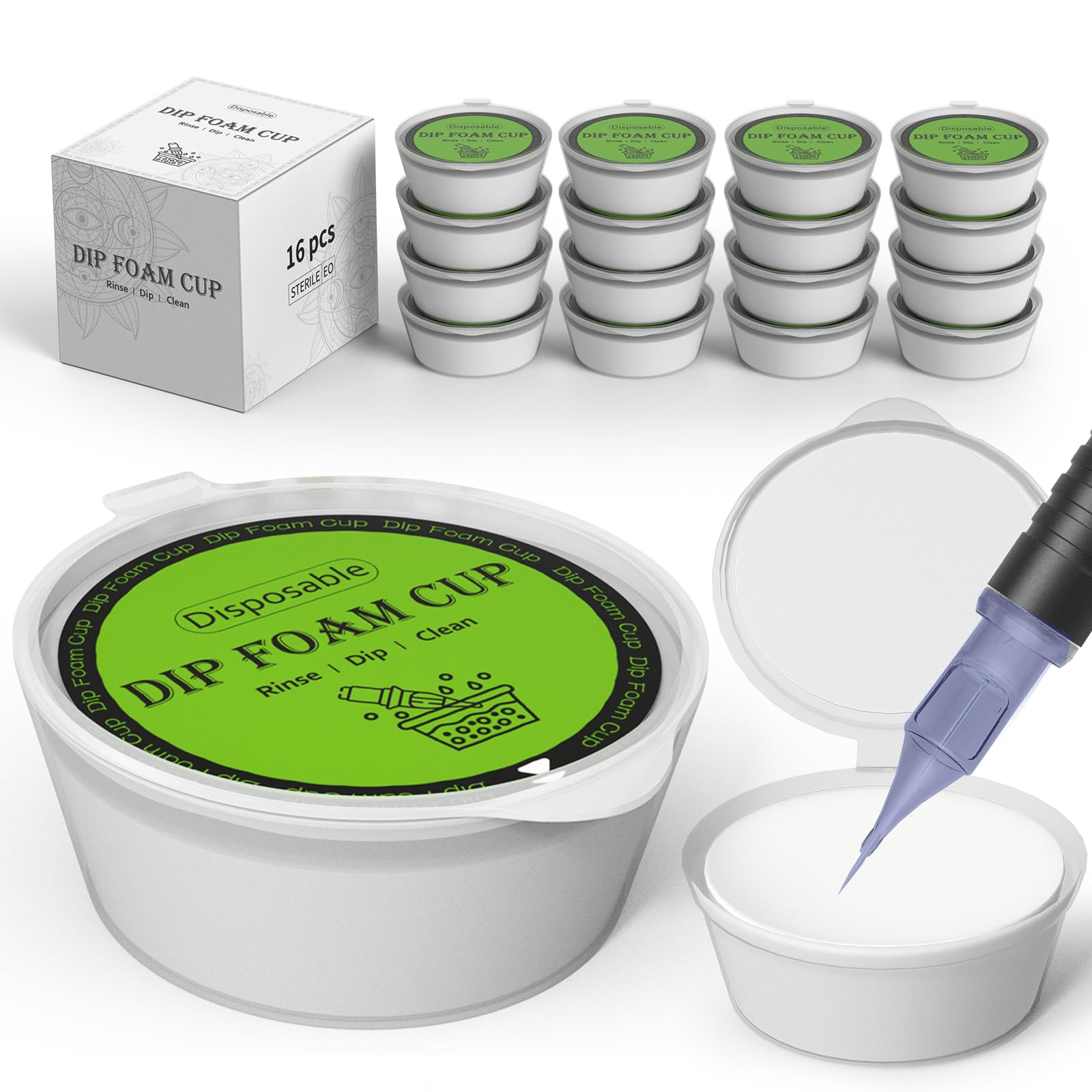 Dip Foam Cups-16Pcs Cylindrical Tattoo Supplies Disposable Rinse Caps for Color Switching & Needle Cleaning