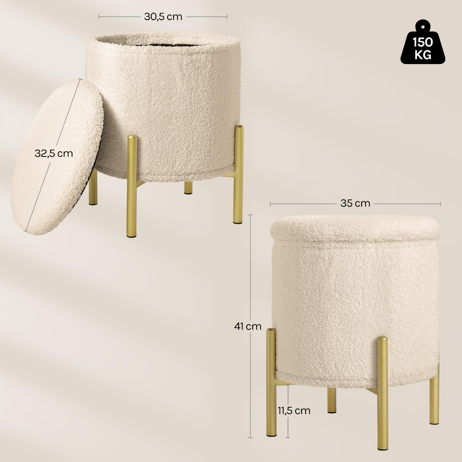 WOLTU Puff Almacenaje, Taburete Plegable, Reposapies de Sofá, Taburete Redondo para Salón y Dormitorio, Baúl de Patas de Metal, Tela Polar Teddy, MDF, φ35x41 cm, Beige | Beige redondo para salón, dormitorio o pasillo con tapa y patas de metal