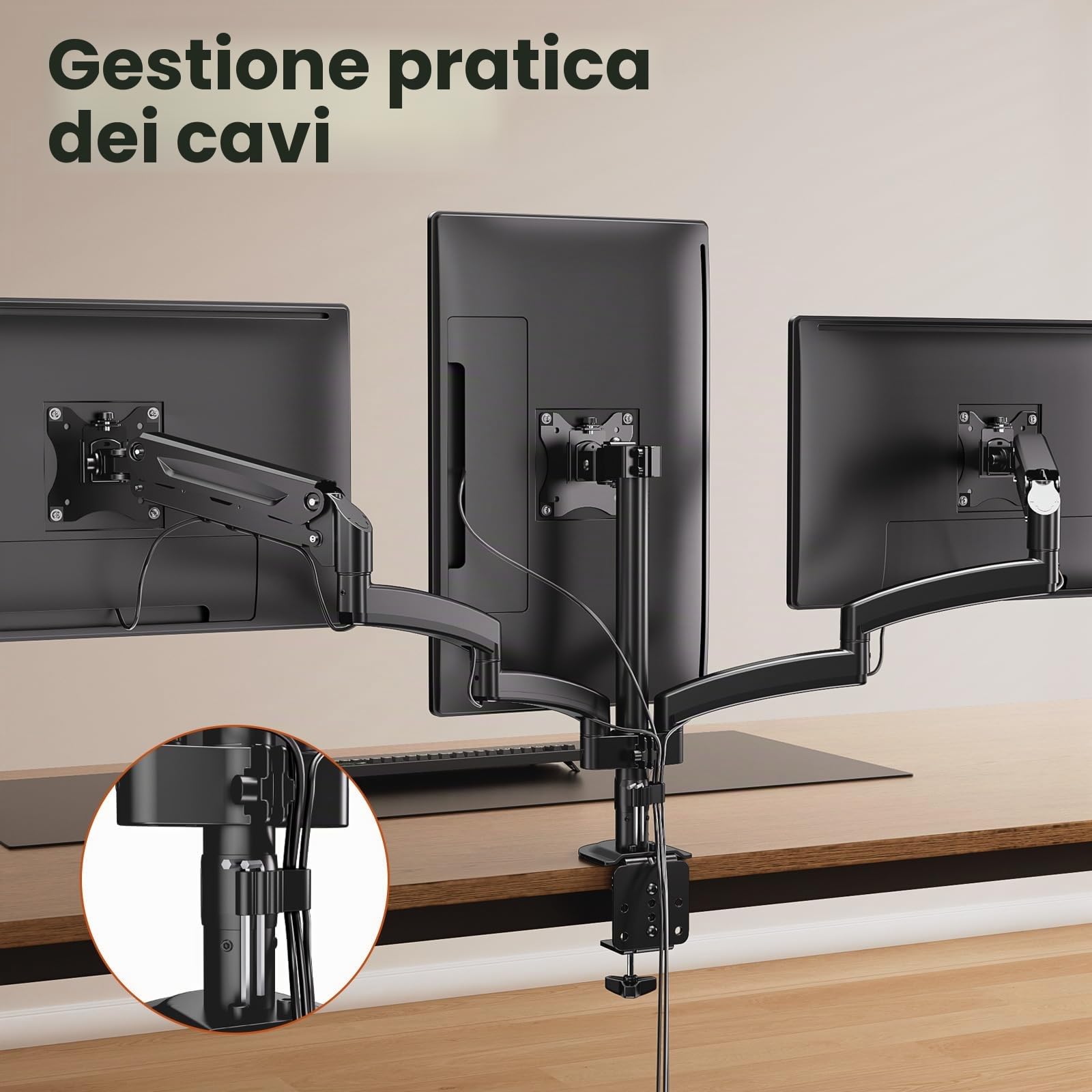 PUTORSEN Supporto 3 Monitor per PC, Premium Alluminio Braccio articolato Ergonomico Molla Gas per Triplo Schermi 17-27", Altezza Regolabile Inclinazione Girevole e Fissaggio Scrivania Braccio