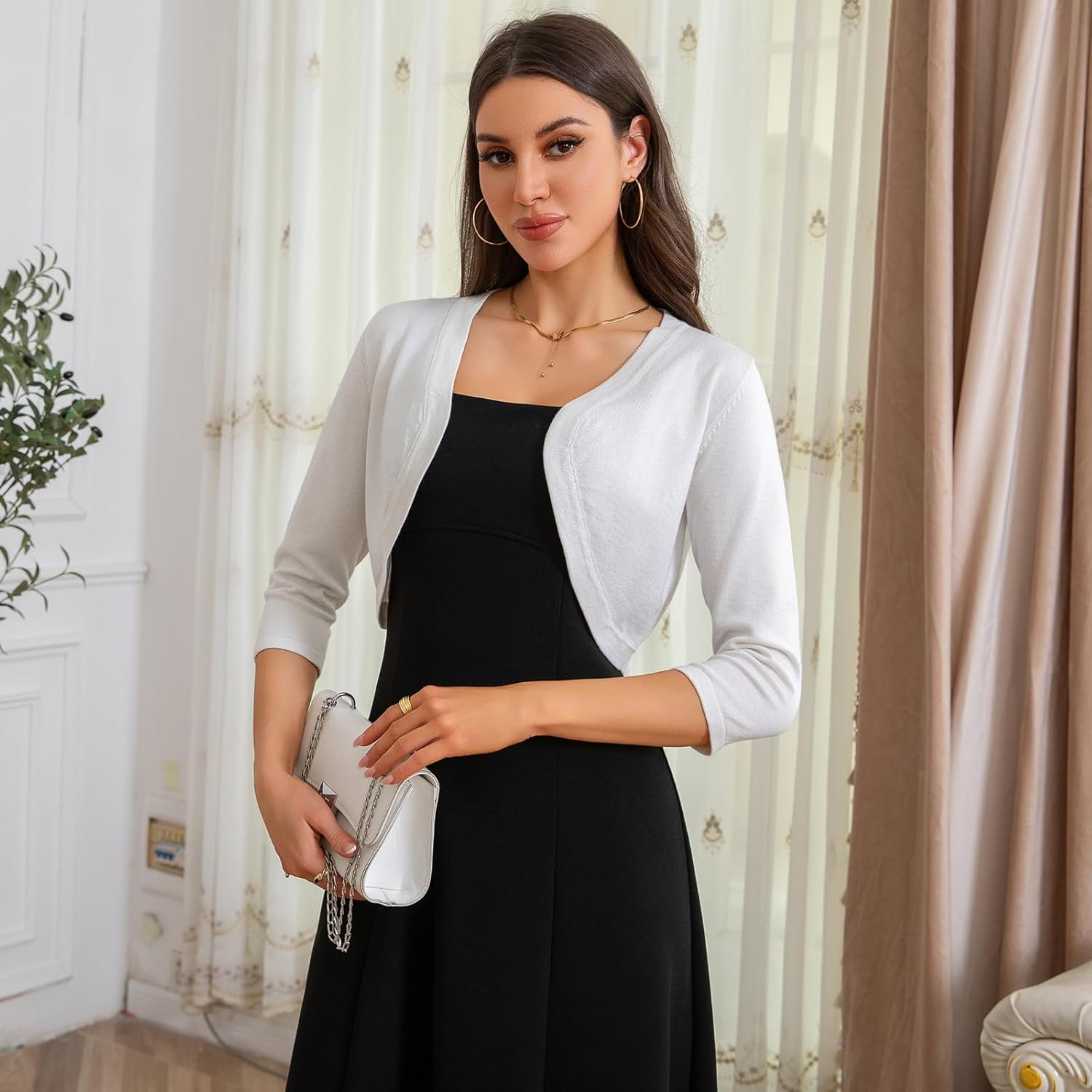 CHUANGDA Womens 3/4 Sleeve Shawl Collar Cardigan Lightweight Style Front-Opening Cropped Length Suitable for Women S-2XL - Image 2