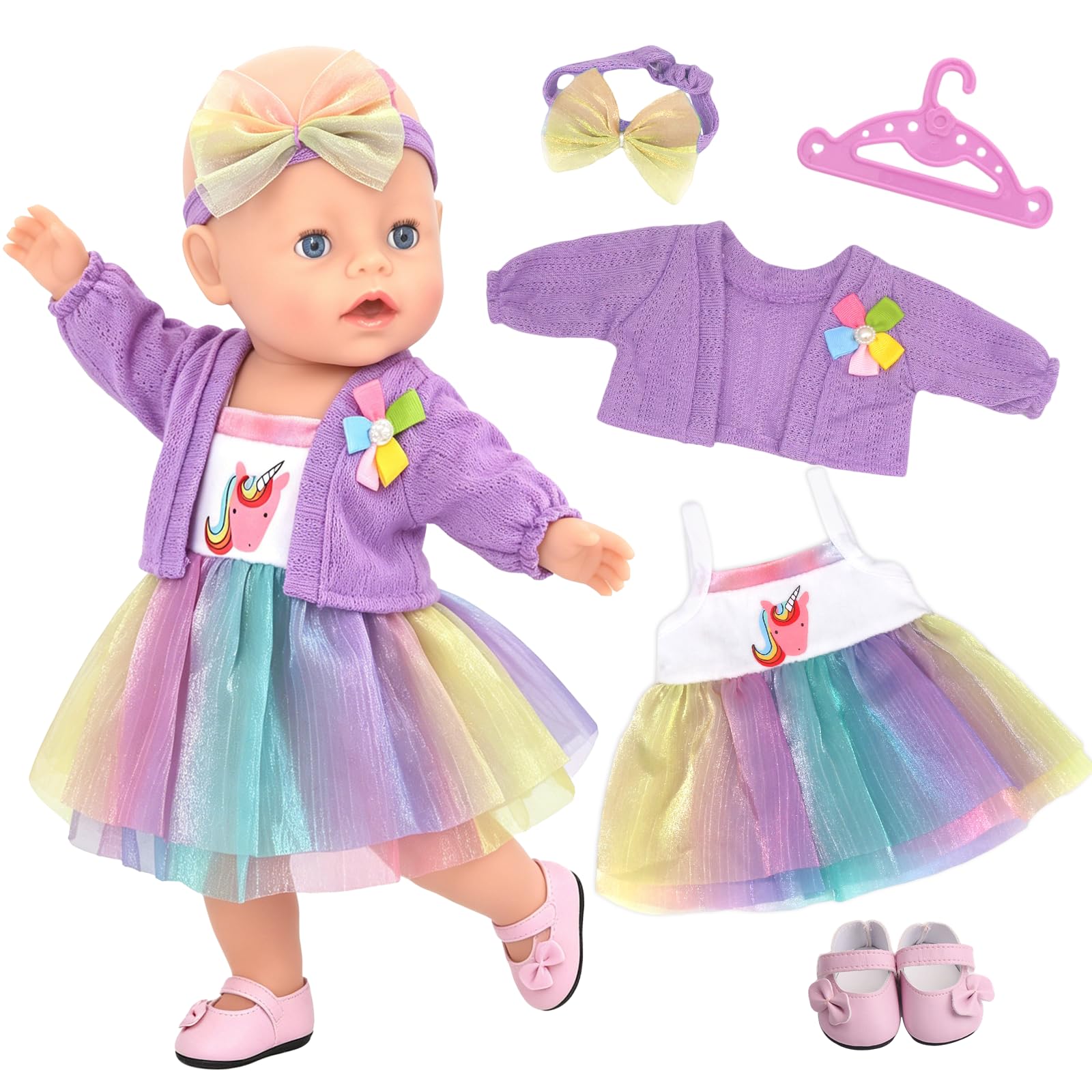 Baby Doll Clothes for 14-17 Inch Baby Dolls, Sweet Dolls Clothes with Purple Cardigan Pink Shoes Purple Tulle Headband Rainbow Pony Tulle Skirt Hangers, Perfect Baby Doll Accessories Gift for Girls