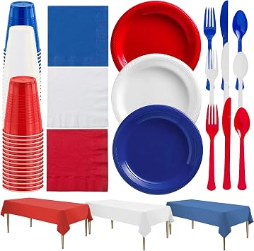 411 PCS Combo American Flag Themed Red White and Blue Disposable Party Set 60 9 Plastic Dinner Plates | Cups Paper Napkins 96 cutlery Spoons Forks & Knives 3 Rectangle Tablecloths