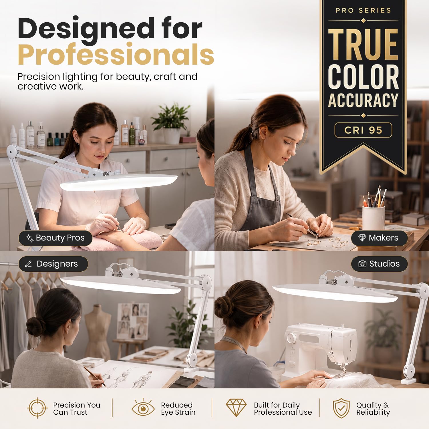 Neatfi Pro Series Lámpara LED de Escritorio – Precisión de Color Real (CRI 95) | 2.200 lúmenes | Modos CCT ajustables | Cabezal Ancho de 51 CM | Regulable con brazo ajustable y abrazadera (Blanco)
