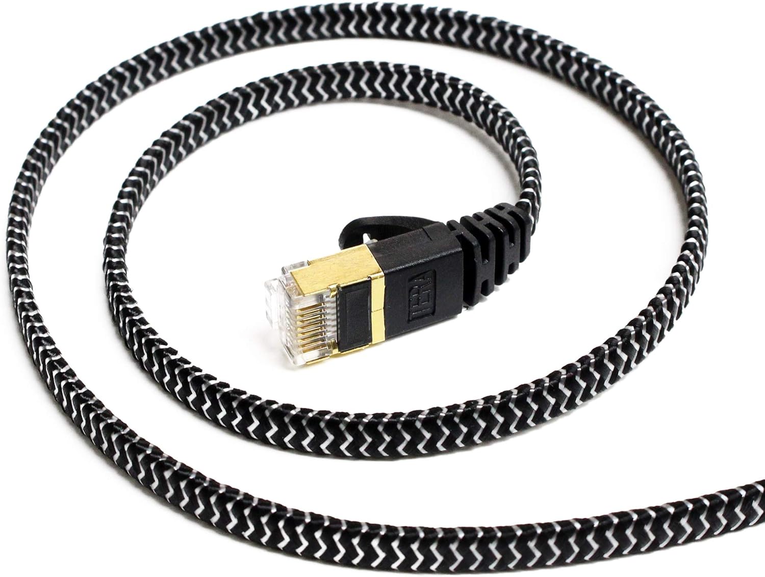 Frее Shірріng Ovеr $50 Tera Grand - 12FT - CAT7 10 Gigabit Ethernet Ultra Flat Patch Cable for Modem Router LAN Network - Braided Jacket, Gold Plated Shielded RJ45 Connectors, Faster Than CAT6a CAT6 CAT5e, Black & White