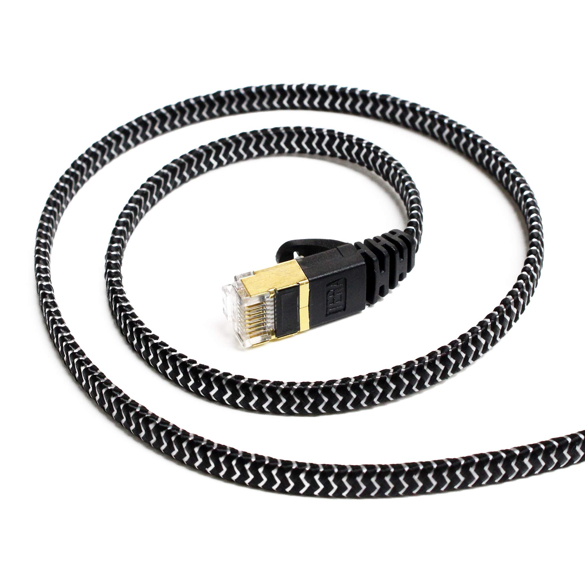Tera Grand - Câble de raccordement ultra plat Ethernet CAT7 10 Gigabit pour modem, routeur, réseau LAN, gaine tressée, connecteurs RJ45 blindés plaqués or, plus rapide que CAT6a CAT6 CAT5e, noir et