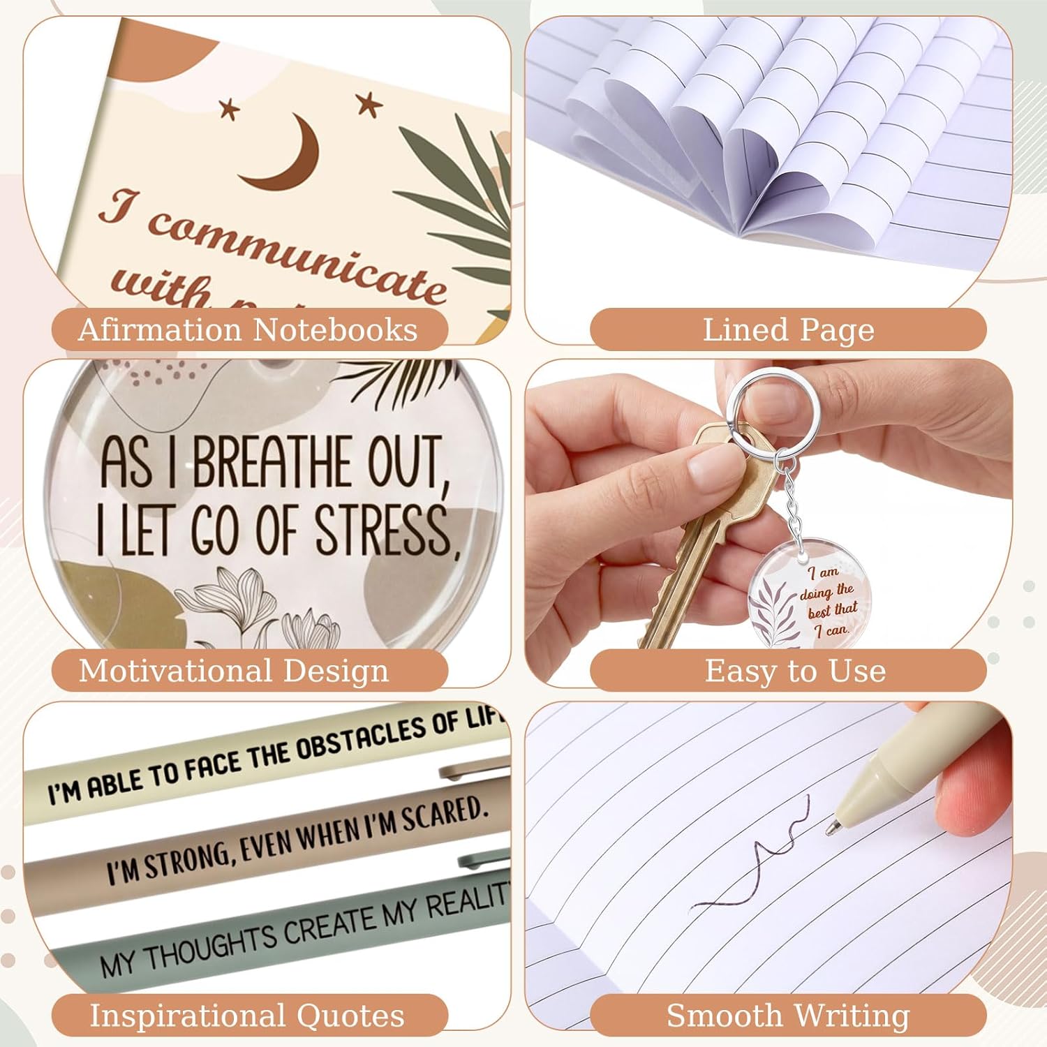 Mooliwe 24 Set Positive Affirmation Gift Set Gratitude Notebooks with Pens Acrylic Keychains Small Bags Motivational Notepads for Women Coworkers Christmas Adults Party Favors (Soft)