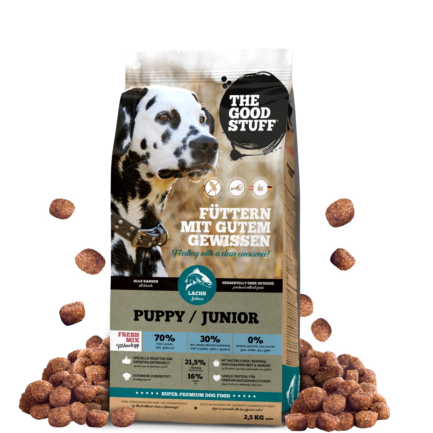 THE GOODSTUFF Lachs (Puppy/Junior) 2,5 kg | Getreidefreies Hunde  Trockenfutter Junior | Mit frischem Lachs | Hundetrockenfutter fr Welpen &  Junghunde | Ausgewogenes Super-Premium Welpen Trockenfutter : Amazon.de:  Haustier