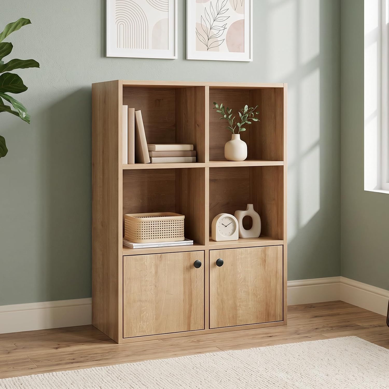 6 Cube Storage Organizer with 2 Doors, Freestanding Bookcase Shelf with Open Compartments and Closed Cabinet Storage, Modern Display Cabinet for Living Room, Bedroom, Home Office