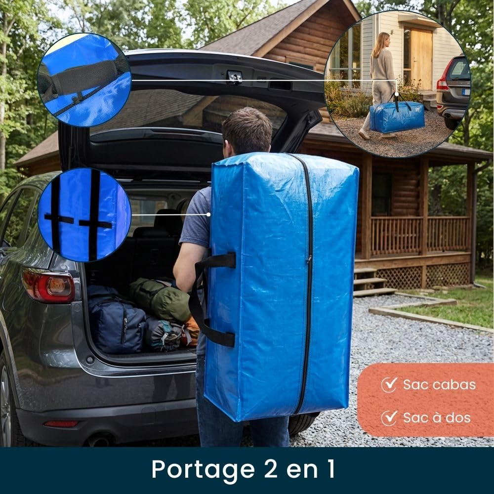 Lot de 4 Sacs Demenagement Grand Format Solides, Portage 2-en-1 avec Poignées, Sac Demenagement Réutilisable et Polyvalent pour Rangement Garage, Cave et Grenier