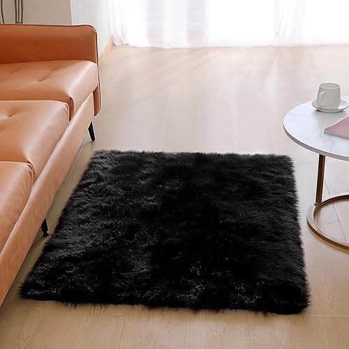 Miniatura 3 de Alfombra de piel sintética de piel de oveja, esponjosa, esponjosa, color negro, de 3 x 4 pies, para dormitorio, mesita de noche, suelo, sala