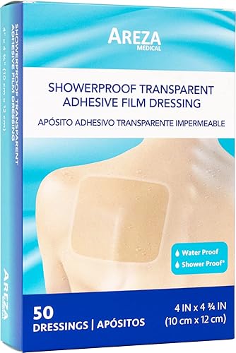 Areza Medical Aderezo de película adhesiva transparente a prueba de ducha, 4 x 4 pulgadas, 3/4 pulgadas, 50 unidades por caja, 50 unidades (paquete