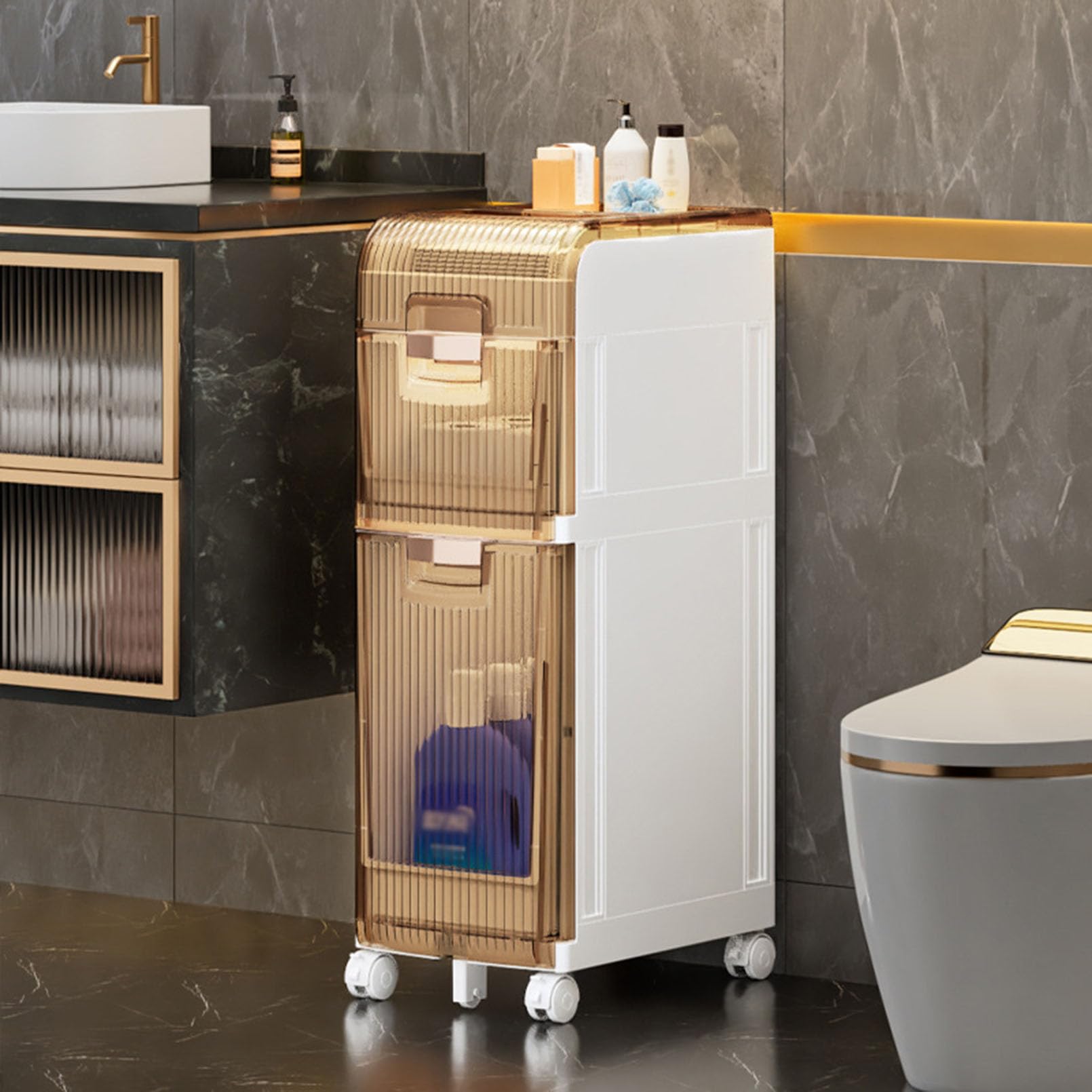 Aparador con cajón y costura Ultra estrecha para cocina, armario de suelo con cajones transparentes y ruedas, Ideal para baño, dormitorio y lavandería.