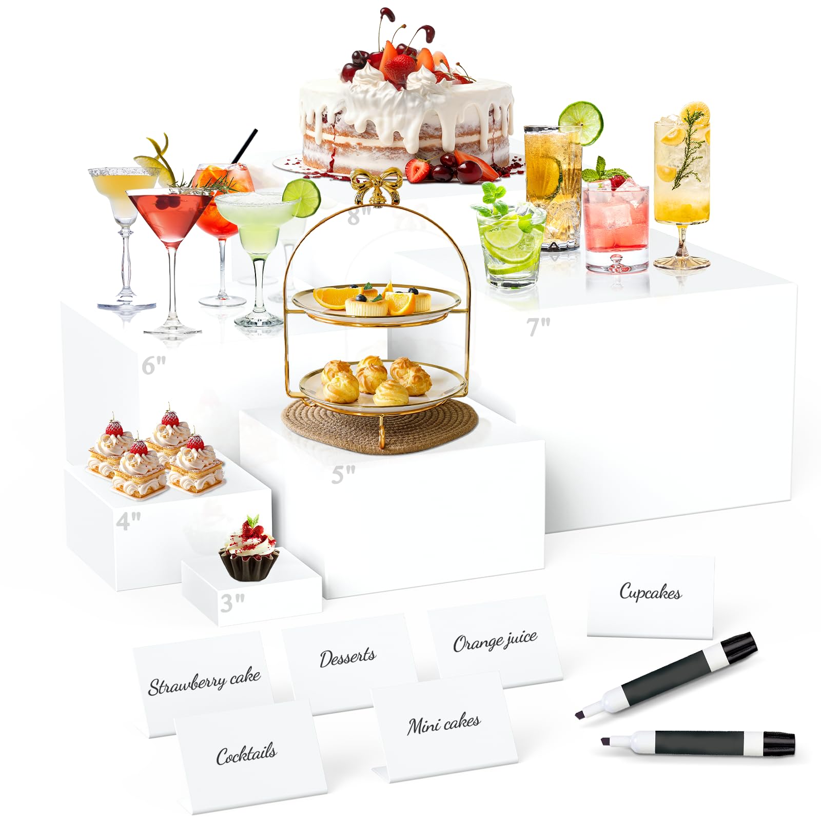 Photo 1 of [3 risers missing] 6 Pcs Buffet Risers with Mini Sign and Maker, Food Risers Display Stands for Buffet Table Party Catering Dessert Jewelry Collectibles, Nesting Cube Boxes with Hollow Bottoms (8",7",6",5",4",3")