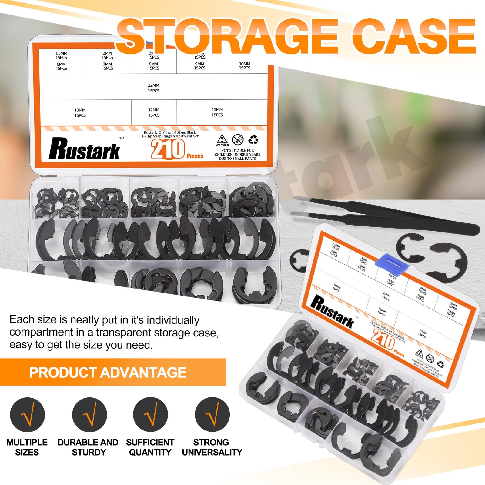 Rustark 211PCS 14 Sizes Black E-Clip External Retaining Rings Assortment Kit Alloy Steel E Clip Circlip Rings E-Clips Retainer Circlip Rings Washers E-Clips Assortment Set for Gears Pulleys Axles - Image 4