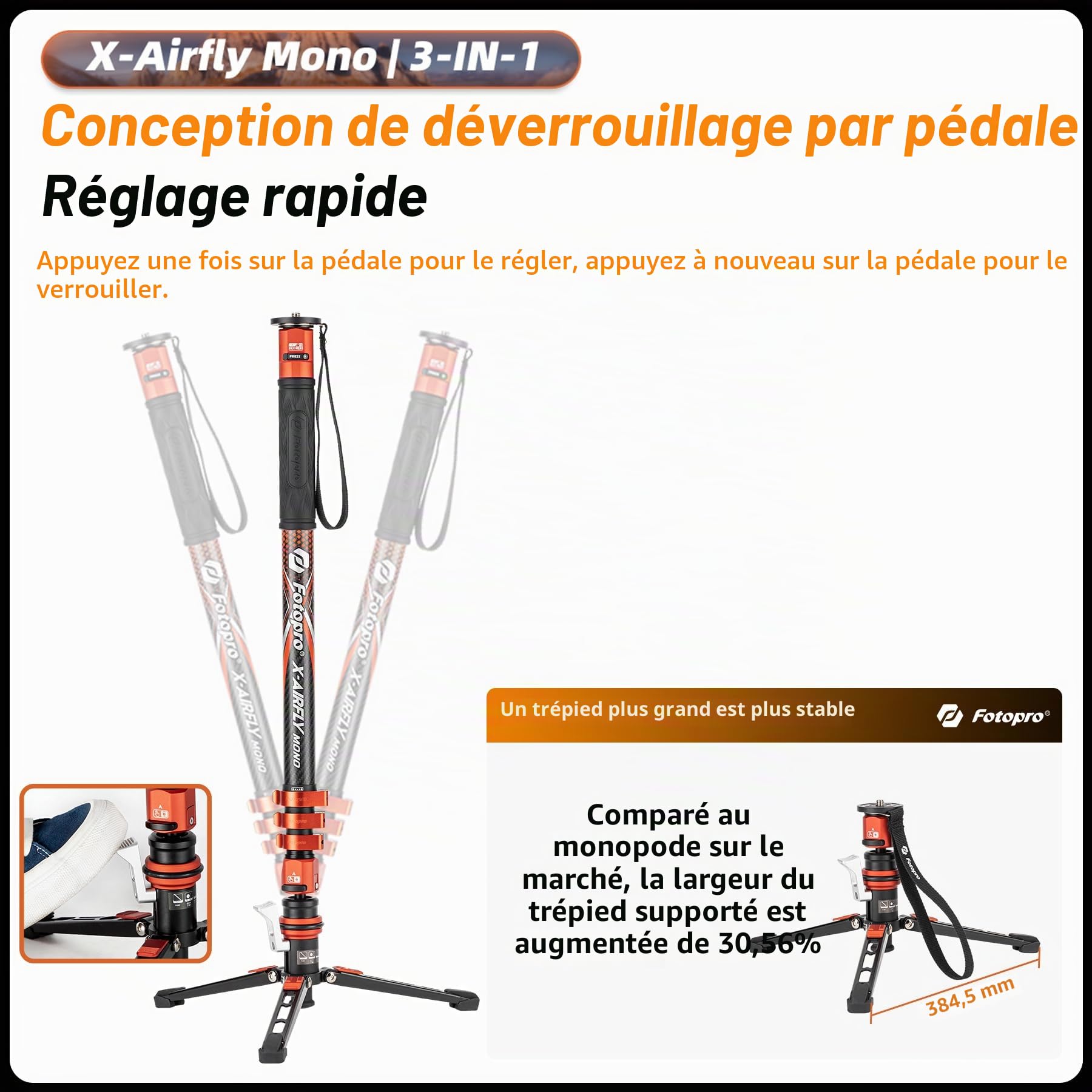 Fotopro X-Airfly Monopode 3-en-1 carboné avec pédale, 185,4 cm, charge 10 kg