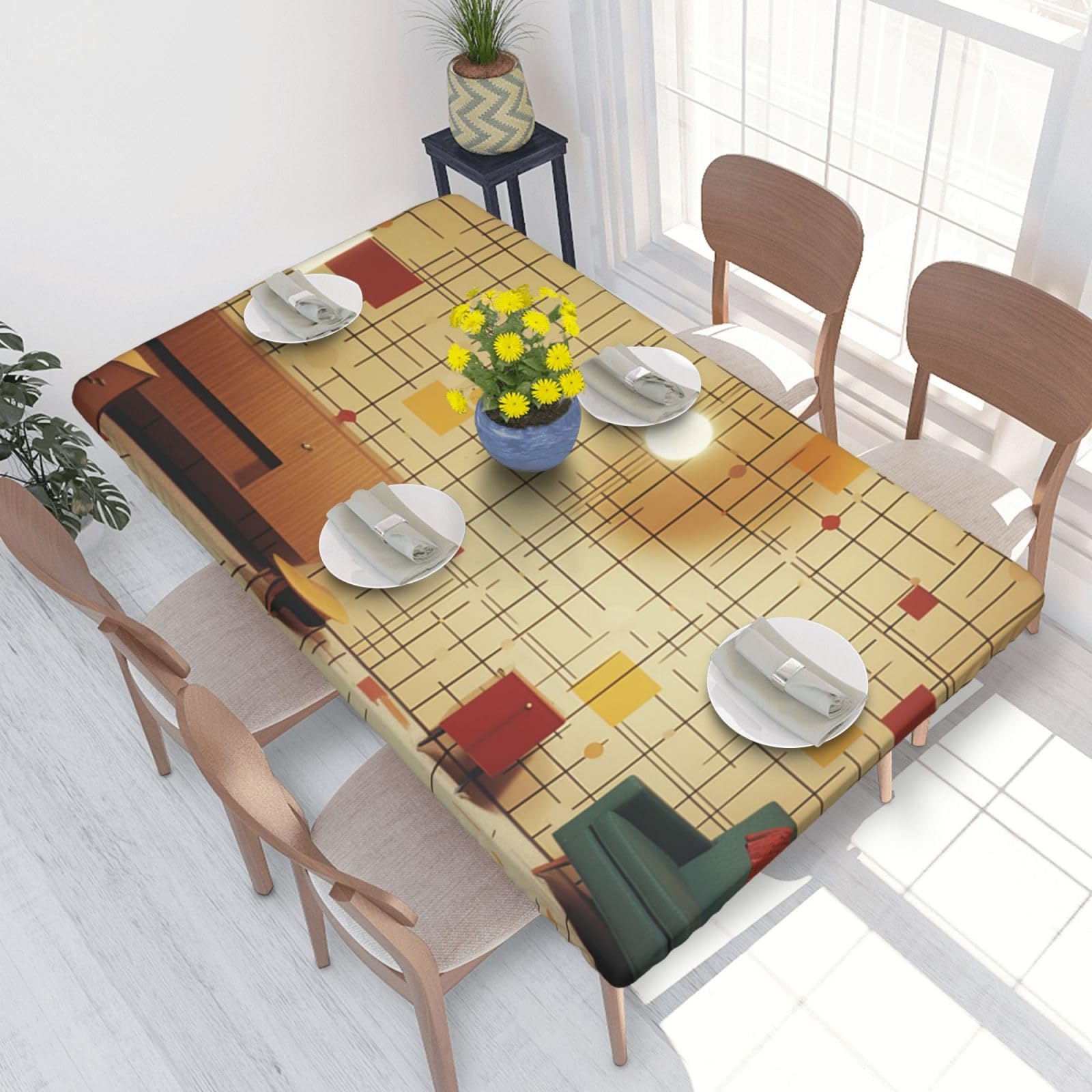 Dcarsetcv Mid Century Modern Printed 4Ft Waterproof Tablecloth With Elastic Edged Protect & Decor Your Table, Oil-Proof Washable Table Cloth Cover For Dinner Picnic Party