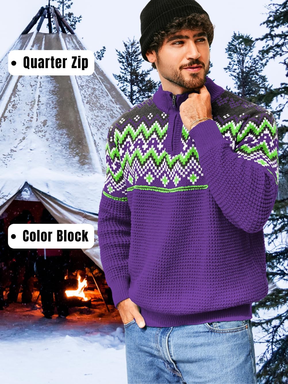 Men's Quarter Zip Fair Isle Sweater, Pullover Waffle Knitted Stand Collar, Nordic Vintage Long Sleeve Fits 32-42