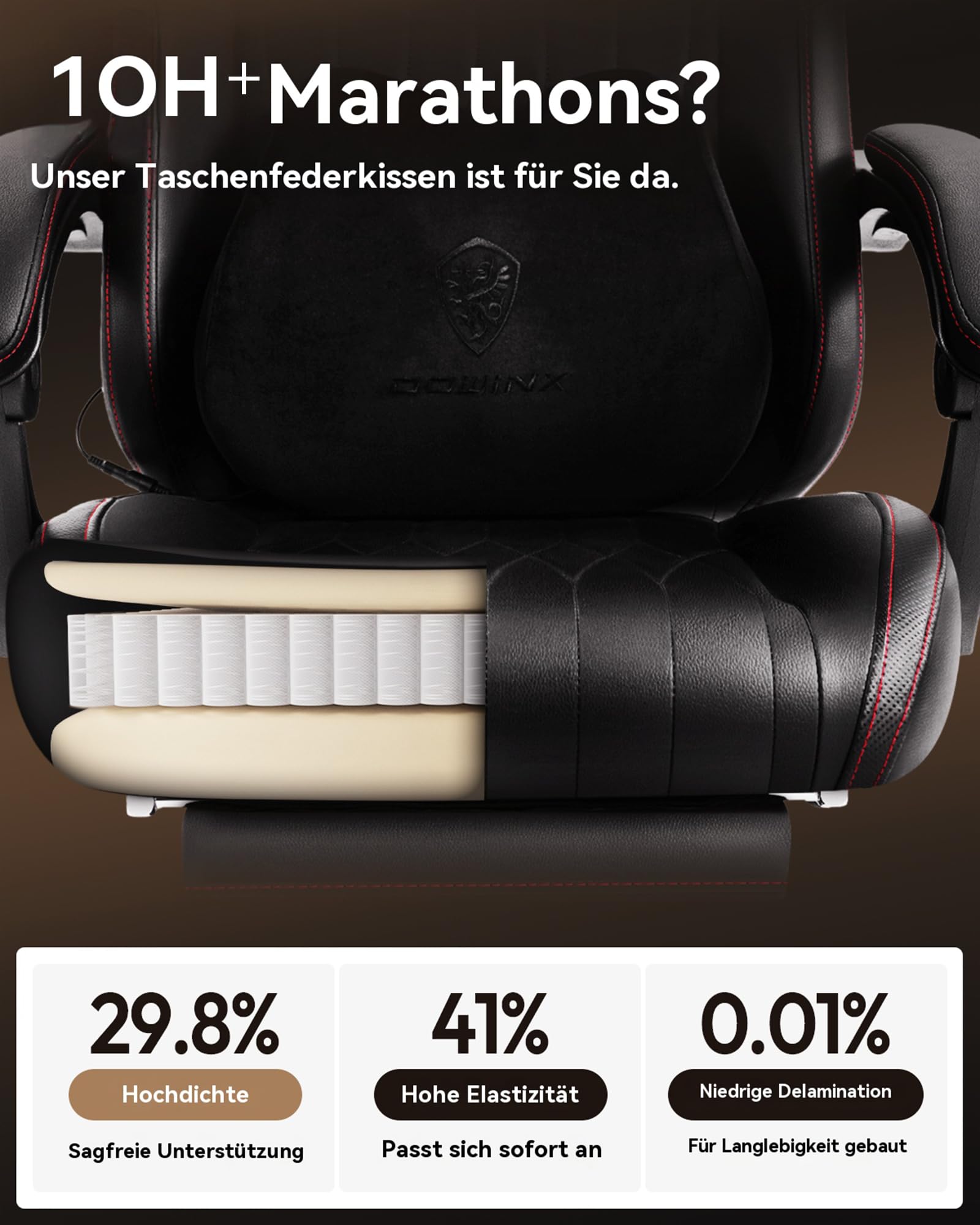 Dowinx Gaming Stuhl mit Massagefunktion, Ergonomisch Gestaltet Gaming Sessel mit Lendenwirbelstütze und Nackenstütze,Gaming Chair bis 135 kg Höhenverstellbar, Leder Geeignet für Erwachsene,Black