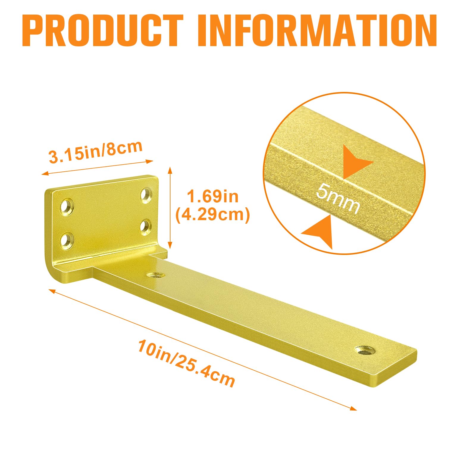 Soporte flotante para estante de 10 pulgadas, paquete de 6 soportes en L para estantes, soportes de metal dorado resistentes para decoración de bricolaje con accesorios de montaje