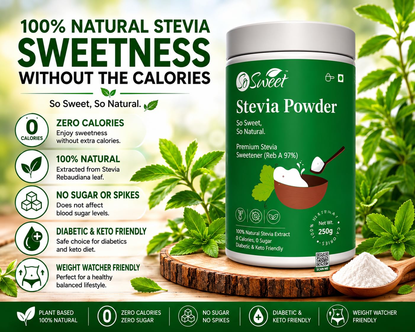 So Sweet Stevia Powder Sugar Free Natural Zero Calorie Sweetener - 1250gms (Pack of 05) (250Gm Each)