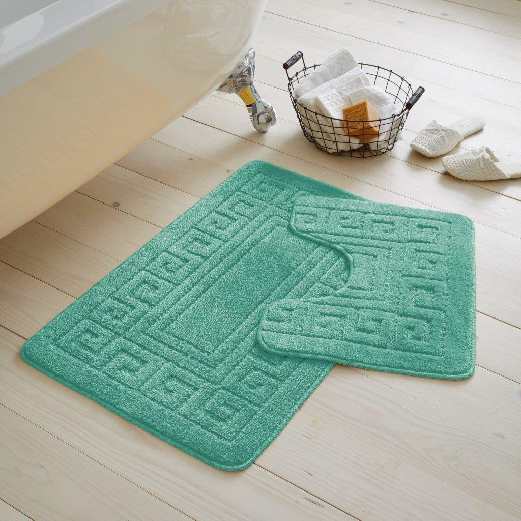 Artistic Fashionista Limited 2 Pieces GREEK Bath Mat Rugs for Bathroom - Non Slip Anti Mould Bath Mat Set - Soft - Extra Water Absorbent Pedestal Ultra Plush Bathroom Mats Toilet Shower Set (Teal)