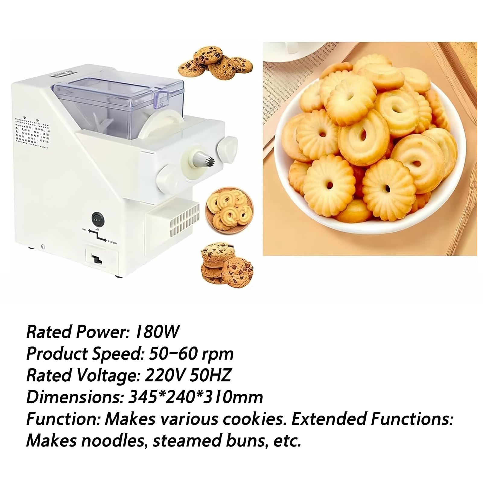 Générique Machine à Biscuits Automatique Électrique, 50-60 TR/Min, 8 Buses Interchangeables, Idéale pour Pâtisserie Maison et Cuisine, Pâtisseries Faciles et Rapides